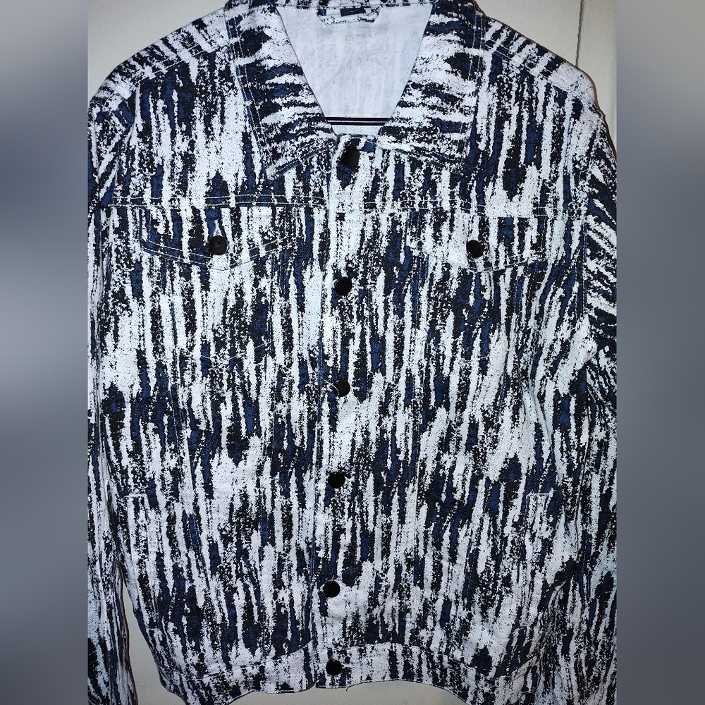 Blue and White Patterned Denim Jacket